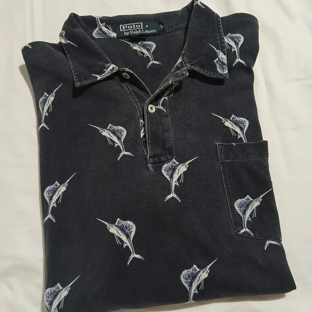 VTG POLO by Ralph Lauren large Navy Blue 100% cotton SAILFISH polo short-sleeved